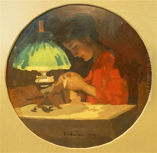 Woman Sewing Oil Painting by Ipolit Strambulescu (Strambu)