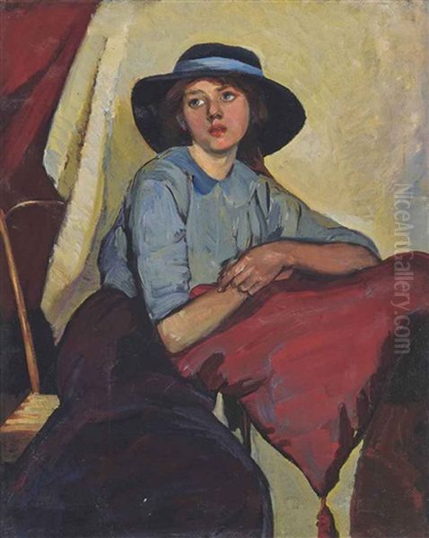 Portrait Of A Young Girl Seated, Three-quarter Length, Wearing A Blue Dress And Wide-brim Hat Oil Painting by William Strang