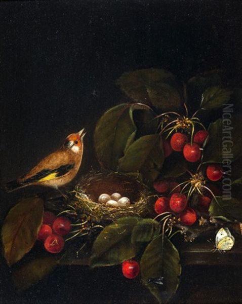 Stilleben Mit Kirschen, Schmetterling Und Einem Vogel An Seinem Nest Oil Painting by Tobias Stranovius