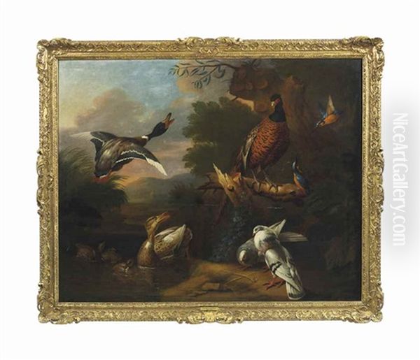 A Pheasant, Pigeons, Ducklings, And Kingfishers With A Mallard Taking Flight At A Wooded Pool, A Landscape Beyond Oil Painting by Tobias Stranovius