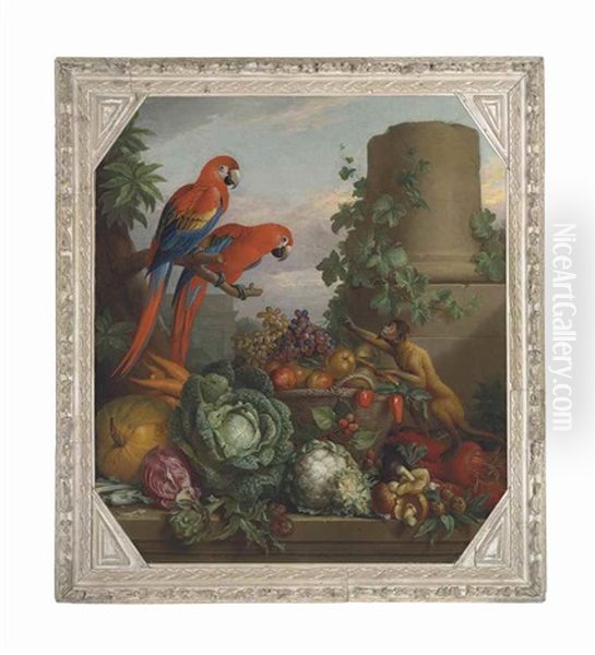 Two Scarlet Macaws Perched On A Tree Branch By A Monkey And A Basket Of Fruit And Vegetables On A Ledge, In A Classical Landscape With Ruins Oil Painting by Tobias Stranovius