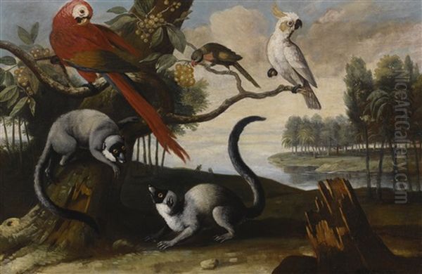 Lemurs, A Scarlet Macaw, A Red-billed Parrot And A Cockatoo, In An Exotic Landscape Oil Painting by Tobias Stranovius