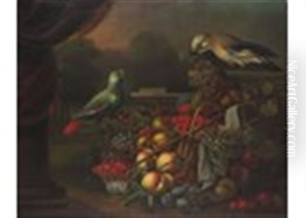 Still Life Of Fruit With A Basket And Bowl And A Parrot And Jay Oil Painting by Tobias Stranovius