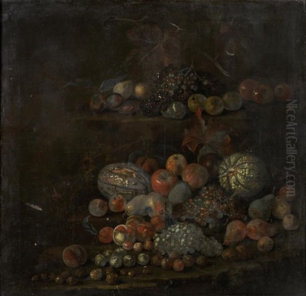 Melons, Apples And Other Fruit On Stone Ledges Oil Painting by Tobias Stranovius