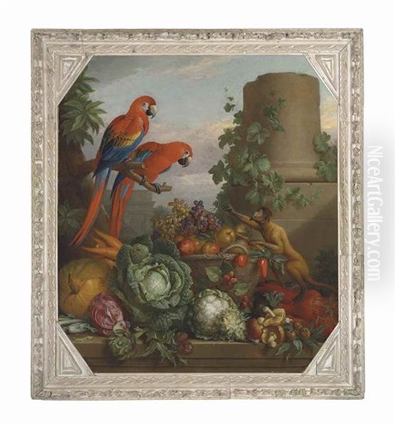 Two Scarlet Macaws Perched On A Tree Branch By A Monkey And A Basket Of Fruit And Vegetables On A Ledge, In A Classical Landscape With Ruins Oil Painting by Tobias Stranovius