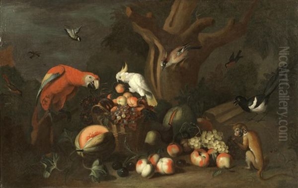 A Scarlet Macaw And A Cockatoo With A Basket Of Fruit Oil Painting by Tobias Stranovius