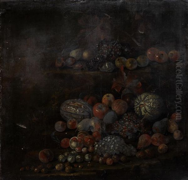 Melons, Grapes, Apples, Peaches And Other Fruit On Stone Ledges Oil Painting by Tobias Stranovius