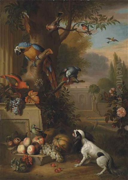 A Blue And Gold Macaw, An African Grey Parrot, A Parakeet And Other Birds, With Grapes, Melons, Apples And A Dog, In A Park Landscape Oil Painting by Tobias Stranovius