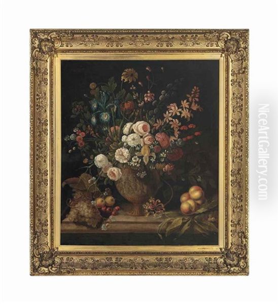 A Still Life With Peonies, Roses, Blue And Yellow Irises, Orchids, Daisies And Other Flowers In An Ornate Urn, On A Table With Grapes, Apples, Honeysuckle And Cherries Oil Painting by Tobias Stranovius