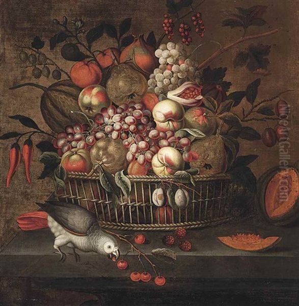 Grapes, Peaches, Pears, Gooseberries, Plums And Other Fruits In A Basket With An Open Melon And A Parrot On A Stone Ledge Oil Painting by Tobias Stranovius