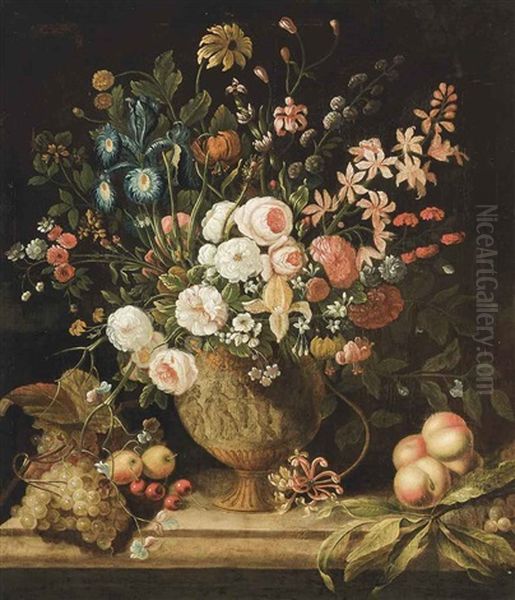 A Still Life With Peonies, Roses, Blue And Yellow Irises, Orchids, Daisies And Other Flowers In An Ornate Urn, On A Table With Grapes, Apples, Honeysuckle And Cherries Oil Painting by Tobias Stranovius