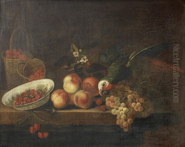 A Dish Of Strawberries And A Parrot, With Peaches And Grapes On A Table Top Oil Painting by Tobias Stranovius