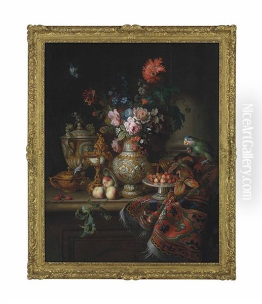 Roses, Carnations, Morning Glories And Flowers In A Parcel-gilt Vase, A Nautilus Shell Goblet, A Parcel-gilt Two Handled Cup And Porringer, Strawberries On A Tazza With Other Utensils With A Green Parrot And Chaffinch On A Partly Draped Stone Ledge Oil Painting by Tobias Stranovius