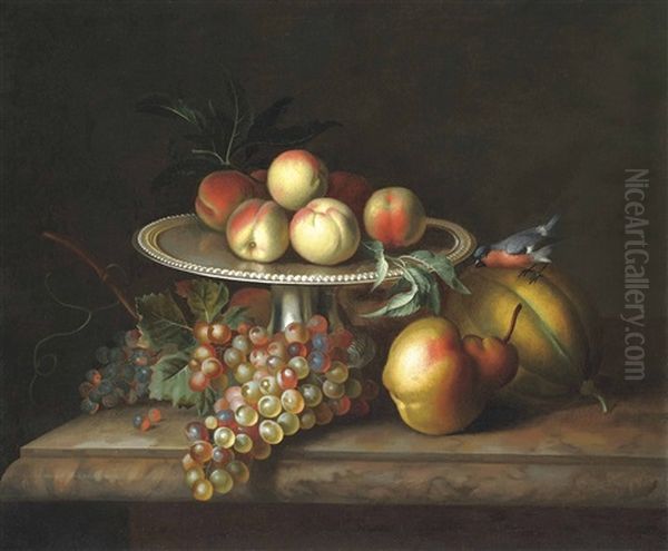 Peaches On A Silver Tazza, Grapes, A Pear And A Melon With A Bullfinch On A Stone Ledge Oil Painting by Tobias Stranovius