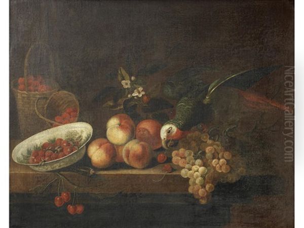 A Dish Of Strawberries And A Parrot, With Peaches And Grapes On A Table Top Oil Painting by Tobias Stranovius