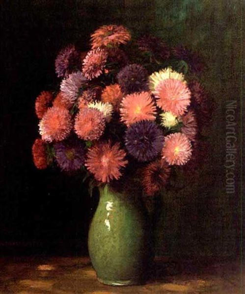 Chrysanthemums In A Green Vase Oil Painting by Richard Strasberger