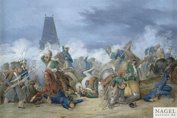 Die Volkerschlacht Bei Leipzig. Die Vorhut General Yorcks Im Gefecht Bei Wiederitzsch Am 16. Oktober; Der Turm Der Evangelischen Kirche Ist Im Hintergrund Zu Sehen Oil Painting by Ernest Wilhelm Strassberger