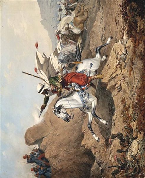 Reitender Araber Im Kampf Oil Painting by Anton (Josef A.) Strassgschwandtner