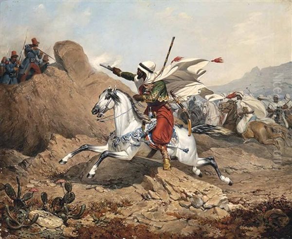 Reitender Araber Im Kampf Oil Painting by Anton (Josef A.) Strassgschwandtner