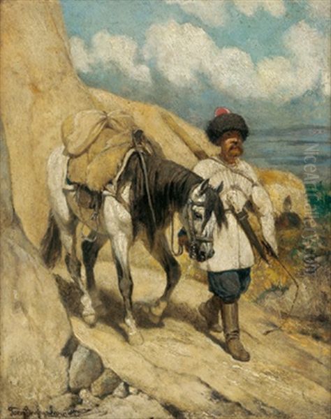 Ein Kosak Fuhrt Auf Einem Schmalen Bergpfad Sein Pferd Oil Painting by Anton (Josef A.) Strassgschwandtner