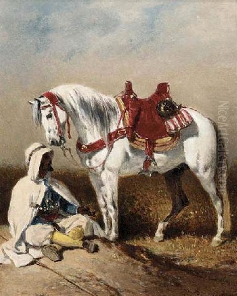 A Resting Arab With His Stallion Oil Painting by Anton (Josef A.) Strassgschwandtner