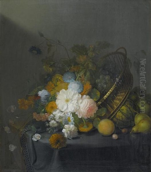 Blumen- Und Fruchtestillleben In Einem Korb Oil Painting by Jacobus van Straten