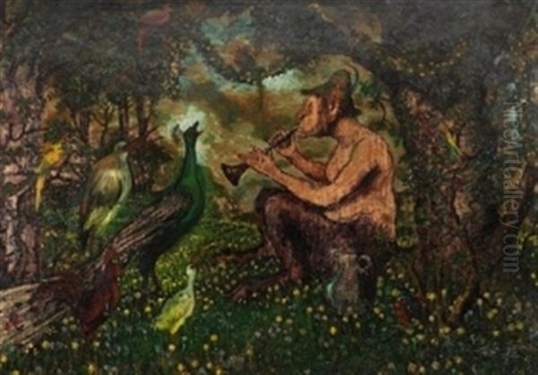 Floteblasender Satyr Mit Tirolerhut Vor Singenden Vogeln Oil Painting by Carl Strathmann