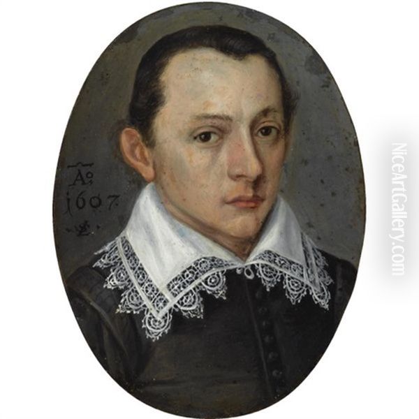 Portrait Of A Young Man, In A Black Robe With A White Lace Collar Oil Painting by Lorenz Strauch