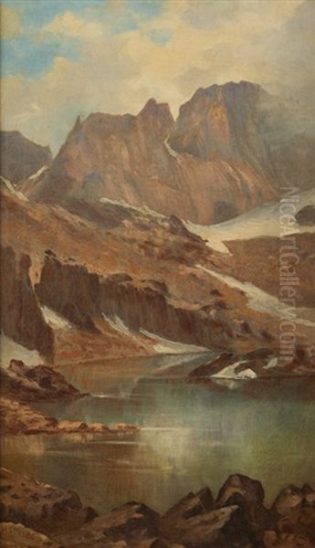 Snow Covered Mountain Landscape With Lake Basin Oil Painting by Meyer Straus