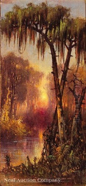 Louisiana Bayou At Sunset Oil Painting by Meyer Straus