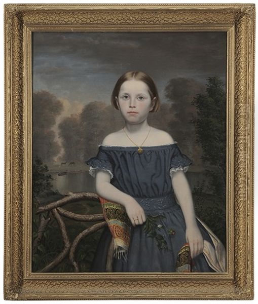 Portrait Of A Girl In A Garden, Wearing A Paisley Shawl And Leaning Against Twig Chair, Distant Horses Oil Painting by Raphael Strauss