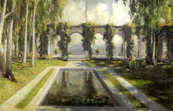 Garden Landscape With Reflecting Pool Surrounded By Trees, Vine Covered Archway And American Flag Oil Painting by Harold Arthur Streater