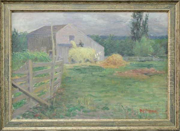 Landscape With Farmer Pitching Hay Oil Painting by Harold Streator