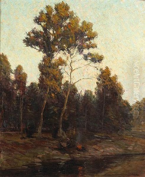 Two People At A Campfire On A Riverbank Oil Painting by Harold Streator