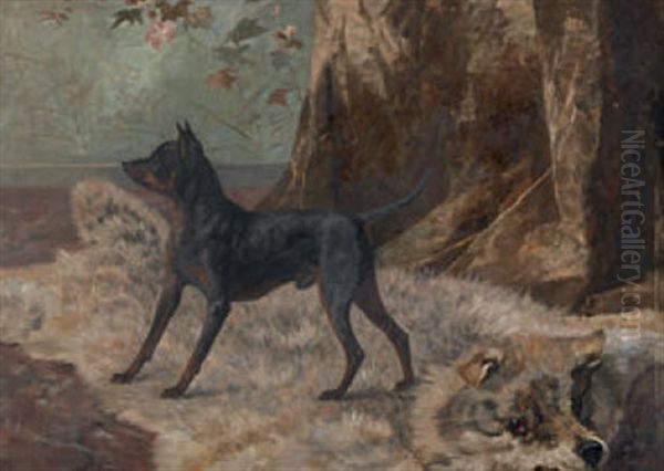 Schwarzer Pinscher Auf Barenfell Oil Painting by Richard Hermann Strebel