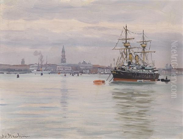 Dampfer Vor Anker (venedig) Oil Painting by Stephanie Von Strechine