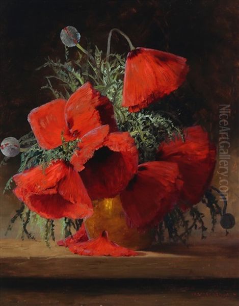 Still Life With Red Poppies In A Vase Oil Painting by Max Theodor Streckenbach