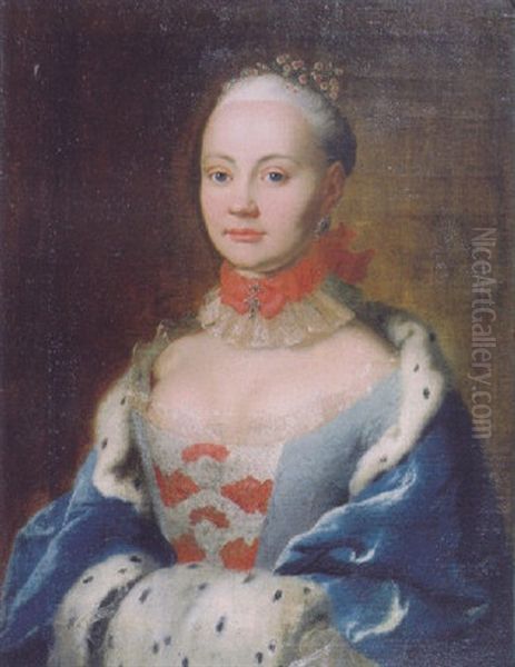 Portrait Of A Noblewoman In A Light Blue Dress With Brocade Bodice, An Ermine-lined Blue Velvet Cape And A Muff Oil Painting by Johann Ludwig Strecker