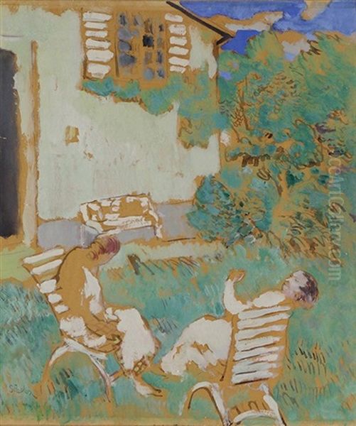 Untitled (two Seated Figures In A Garden) Oil Painting by Paul Strecker