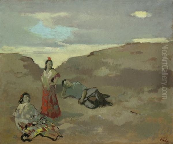 Dunenlandschaft Mit Zwei Frauen Und Einem Mann by Paul Strecker