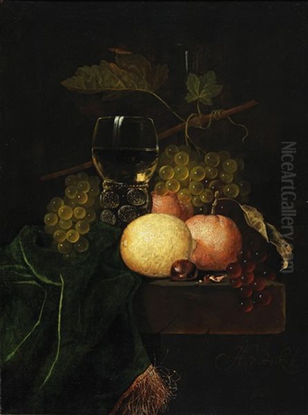 Still Life Of Fruit With Grapes, A Lemon And A Wine Glass, by Hendrick van Streeck