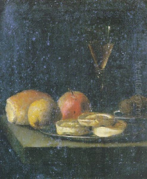 Nature Morte Aux Plats De Biscuits, Fruits, Noix Et Verre De Vin Sur Un Entablement Oil Painting by Hendrick van Streeck