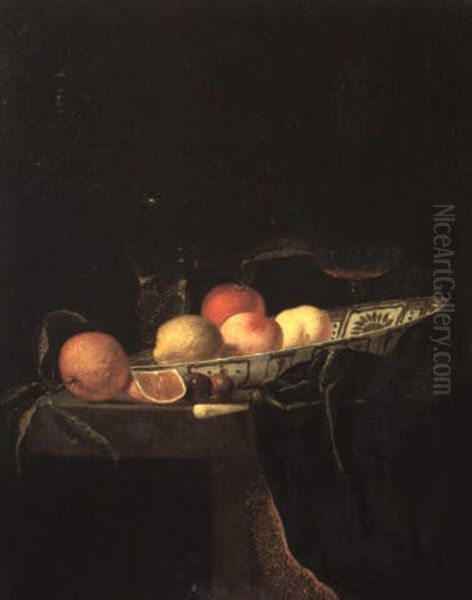 Still Life With Peaches And Other Fruit And A Glass On A Draped Table Oil Painting by Hendrick van Streeck