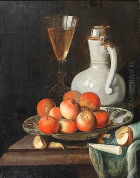 A Bowl Of Apples With A Stone Jug And Glass Of Wine On A Stone Ledge Oil Painting by Juriaen van Streeck