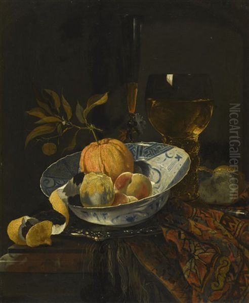 Still Life With Fruit In A Chinese Bowl And A Roemer On A Draped Table Oil Painting by Juriaen van Streeck