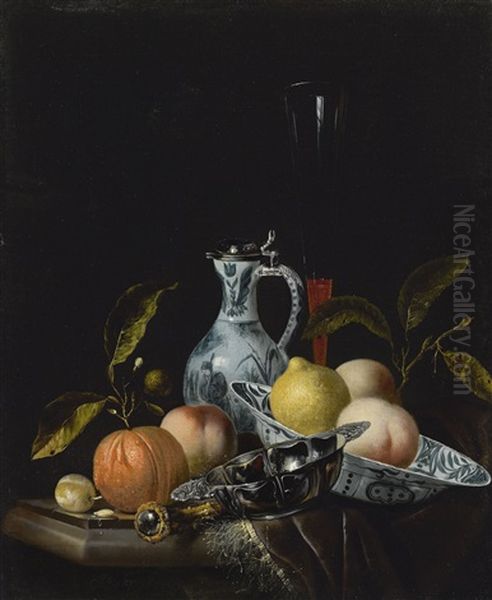 Still Life With A Chinese Blue And White Porcelain Bowl And Ewer, A Silver Porringer, Fruit And Other Objects, On A Partly Draped Table Oil Painting by Juriaen van Streeck