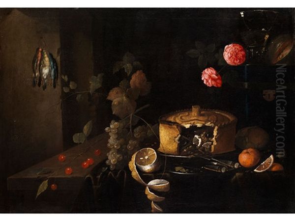 Grosses Stillleben Mit Pastete, Trauben, Zitrone, Vogelwild, Rosen Und Weinkelch Oil Painting by Juriaen van Streeck