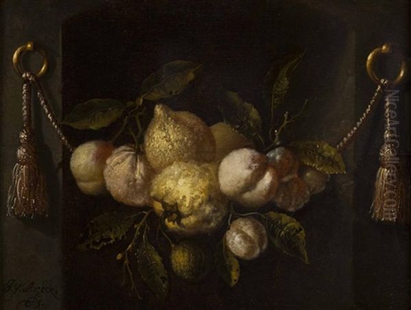 A Still Life Of Lemons, Peaches And Grapes In A Niche With Swags Oil Painting by Juriaen van Streeck