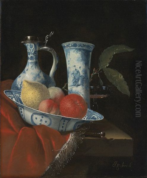 Still Life Of A Blue And White Wan-li Bowl With Peaches, A Lemon And An Orange, A Porcelain Ewer And Vase, A Wine Glass And A Knife, On A Partly Draped Stone Ledge Oil Painting by Juriaen van Streeck