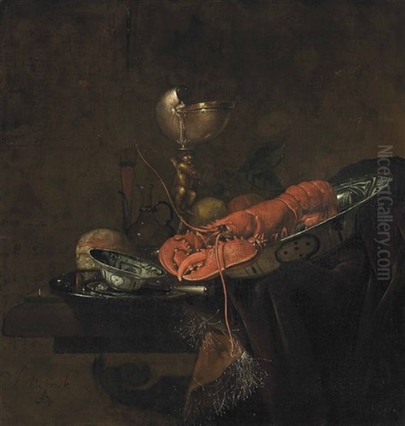 A Lobster, A Peach And A Lemon In A Wanli Kraak Porcelain Plate, A Loaf Of Bread, A Bowl And A Knife On A Pewter Plate, A Gilt Nautilus Cup And A Wine... by Juriaen van Streeck